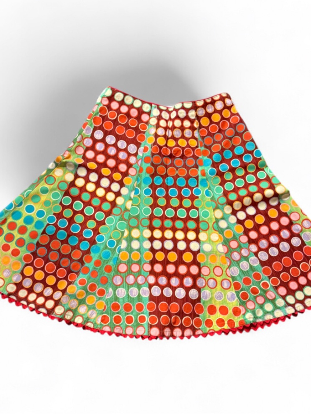 Colorful Polka Dot Circle Skirt with Red Trim